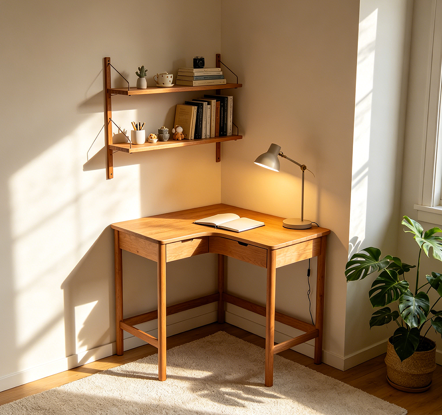 Compact Corner Desk for Small Bedrooms with Two Open Shelves